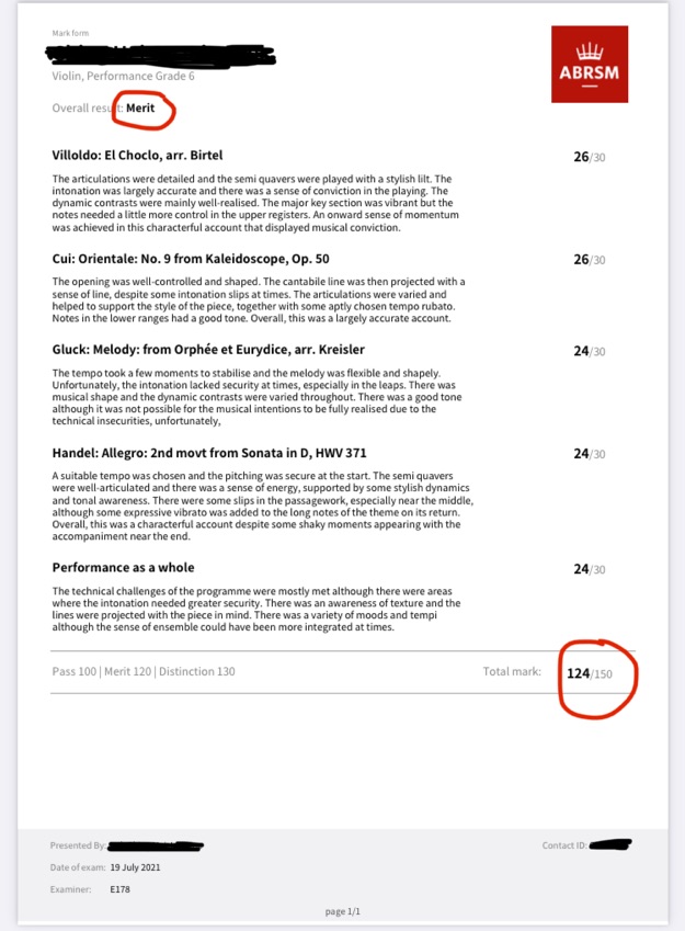 Student took the ABRSM violin grade 6 exam with Merit 🎉🎉🎉