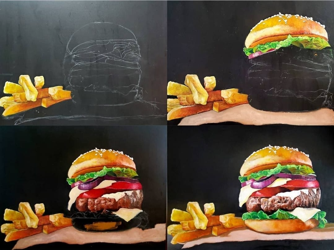 畫漢堡包四格過程