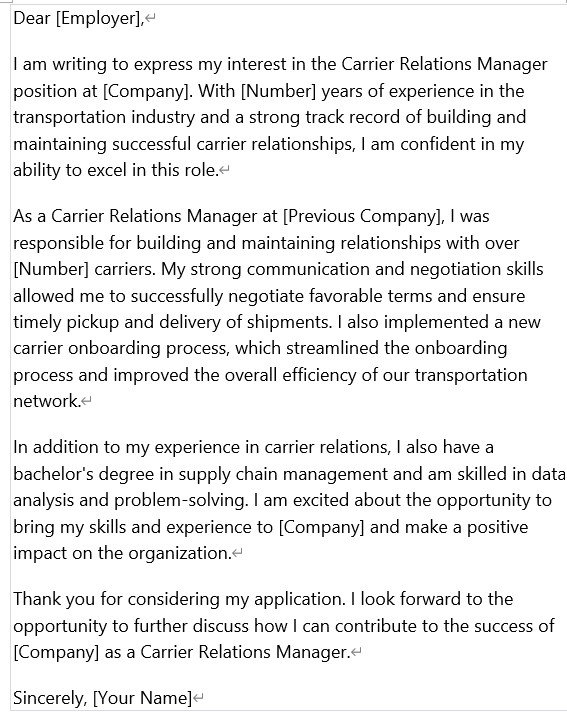 Cover letter template for Carrier Relations Manager