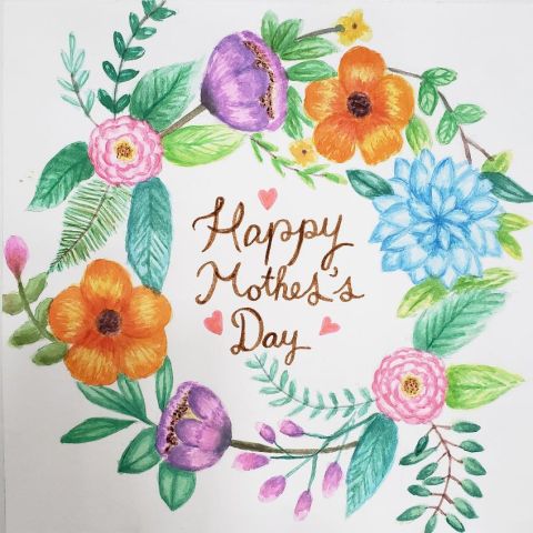 母親節花圈插畫水彩卡導師作品, 水彩對我來說是一個最治療和減壓的媒介。透過顏料和水去造出其他媒介代替不到的效果。