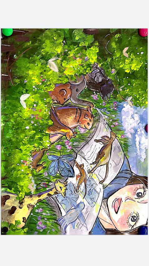 這個是我dse的畫作，主題是《森林的呼喚》，畫面中女孩打開書本，動物從書本中跳出來，一片美麗的叢林映入眼簾，表達都市人嚮往森林大自然的美景。