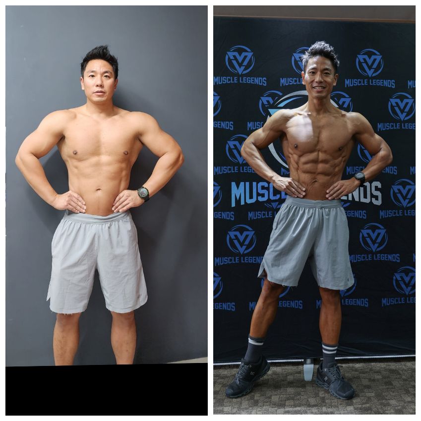 為咗預備7月尾嗰兩個比賽，由1月開始增磅至四5月83kg，5月至7月減磅至66kg