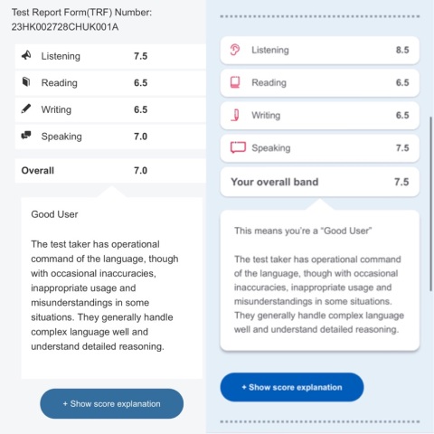 於IELTS 獲7/7.5