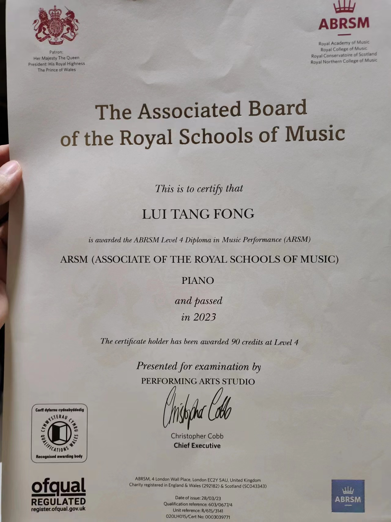 英國皇家音樂學院聯合委員會(ABRSM)
ARSM(英國皇家音樂學院聯合委員會純演奏文憑)鋼琴演奏考試證書