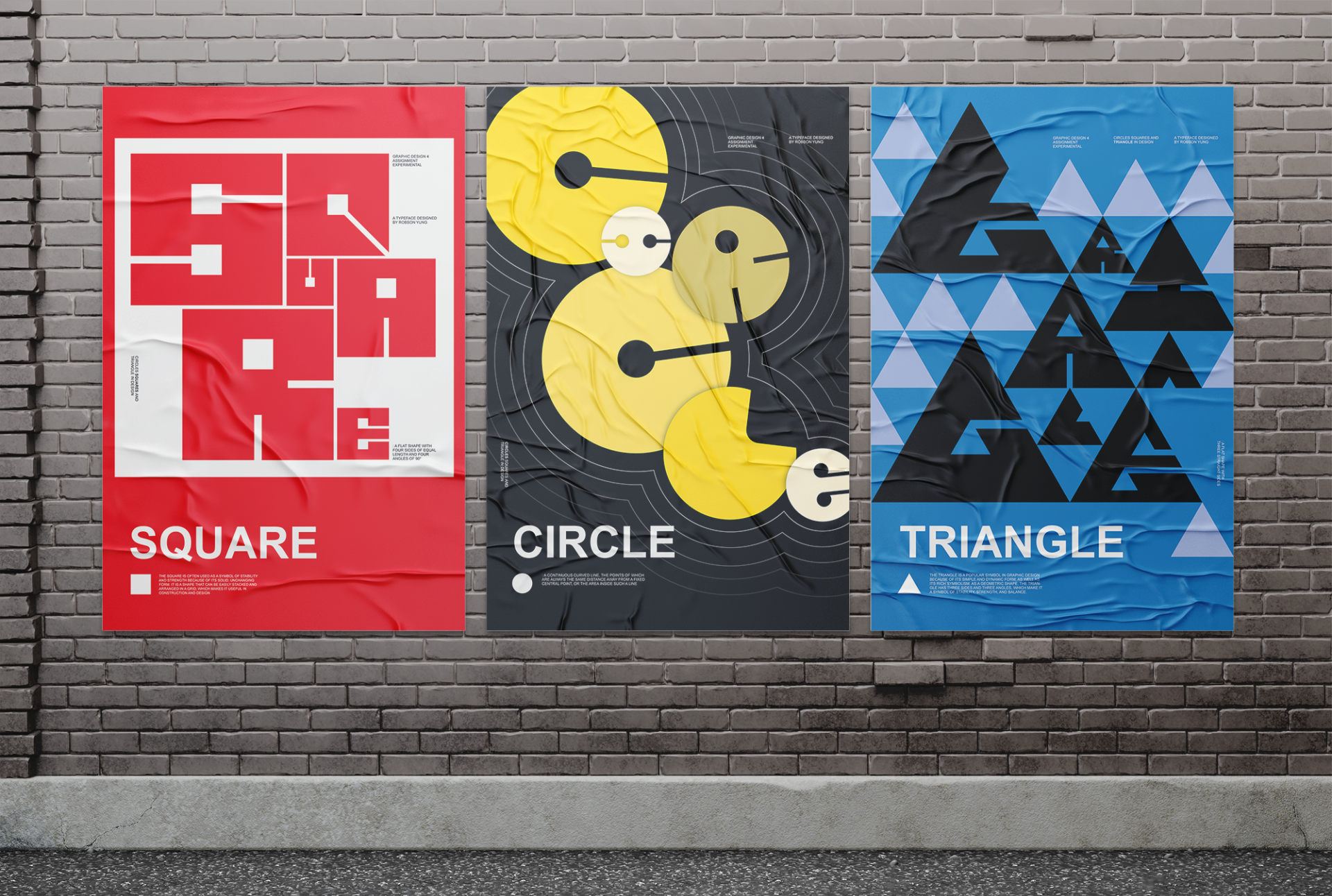 Exploring on experimental typeface design using square, circle, and triangle shapes.