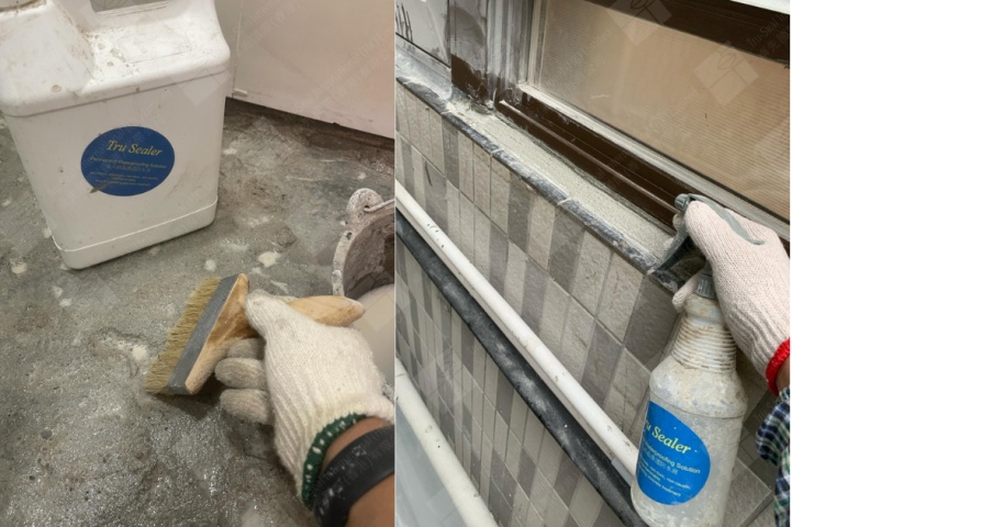 裝修單位全方位防水防護方案
使用納米滲透型防漏材料 ─ 卓先液於廁所地台及窗框邊施工中