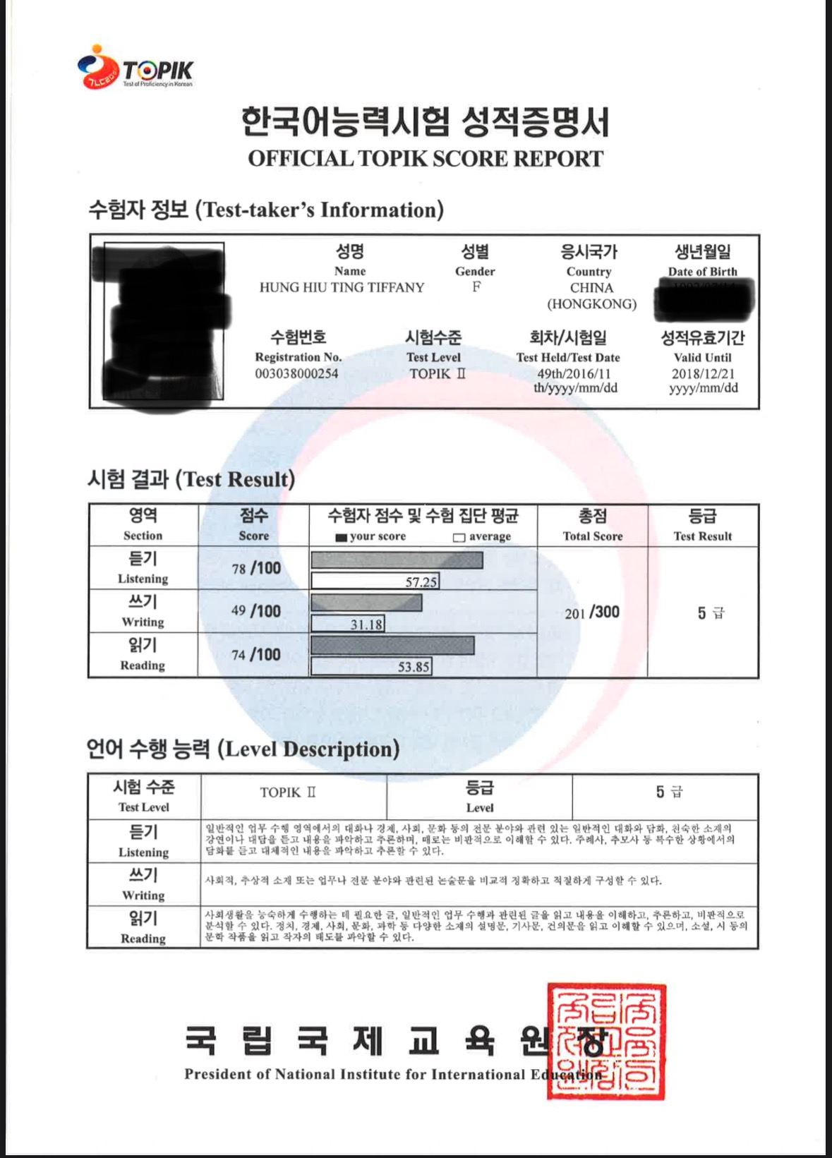 韓文五級證書