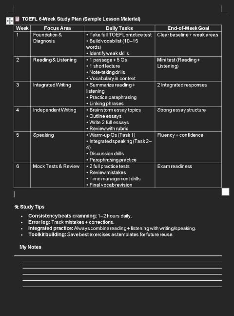 TOEFL 6 Week Study Plan (Sample Lesson Material)